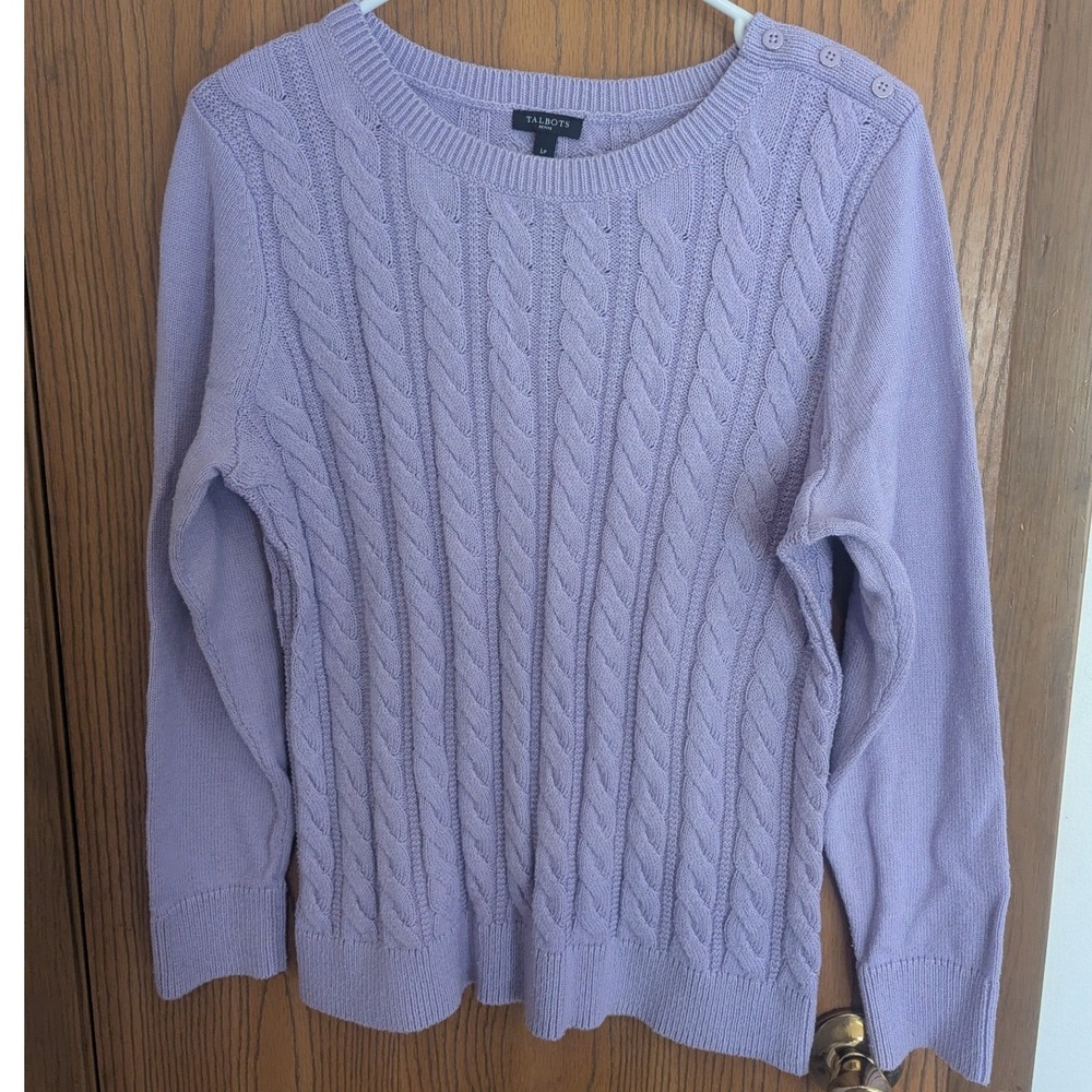 Talbots Petite Lilac Purple Cable Knit Button Shoulder Sweater Preppy Casual LP
